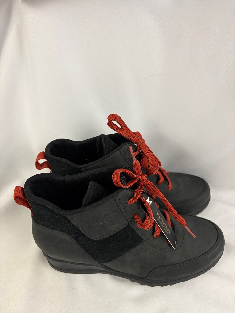 SOREL Evie Sport Lace Black Red Suede Leather Waterproof Sneaker Wedge Booties 8